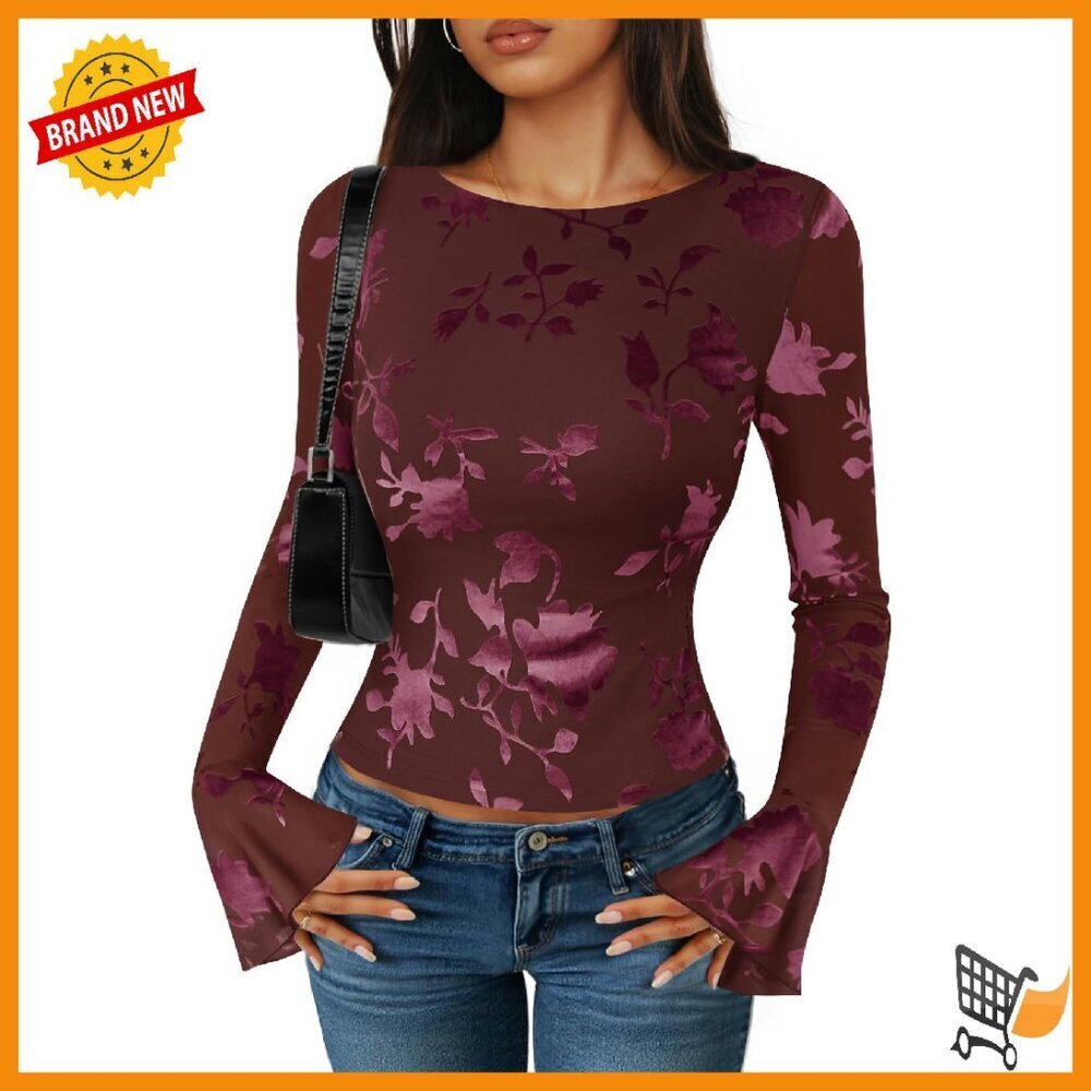 Mesh Bell Sleeve Top Slim Fit Floral Y2K Going Out Shirt